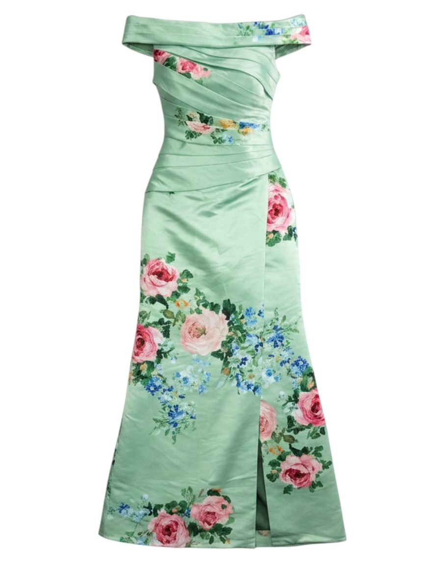 Missacc Floral Print Dress Green Trumpet Mermaid Train Off Shoulder Gown Satin 2